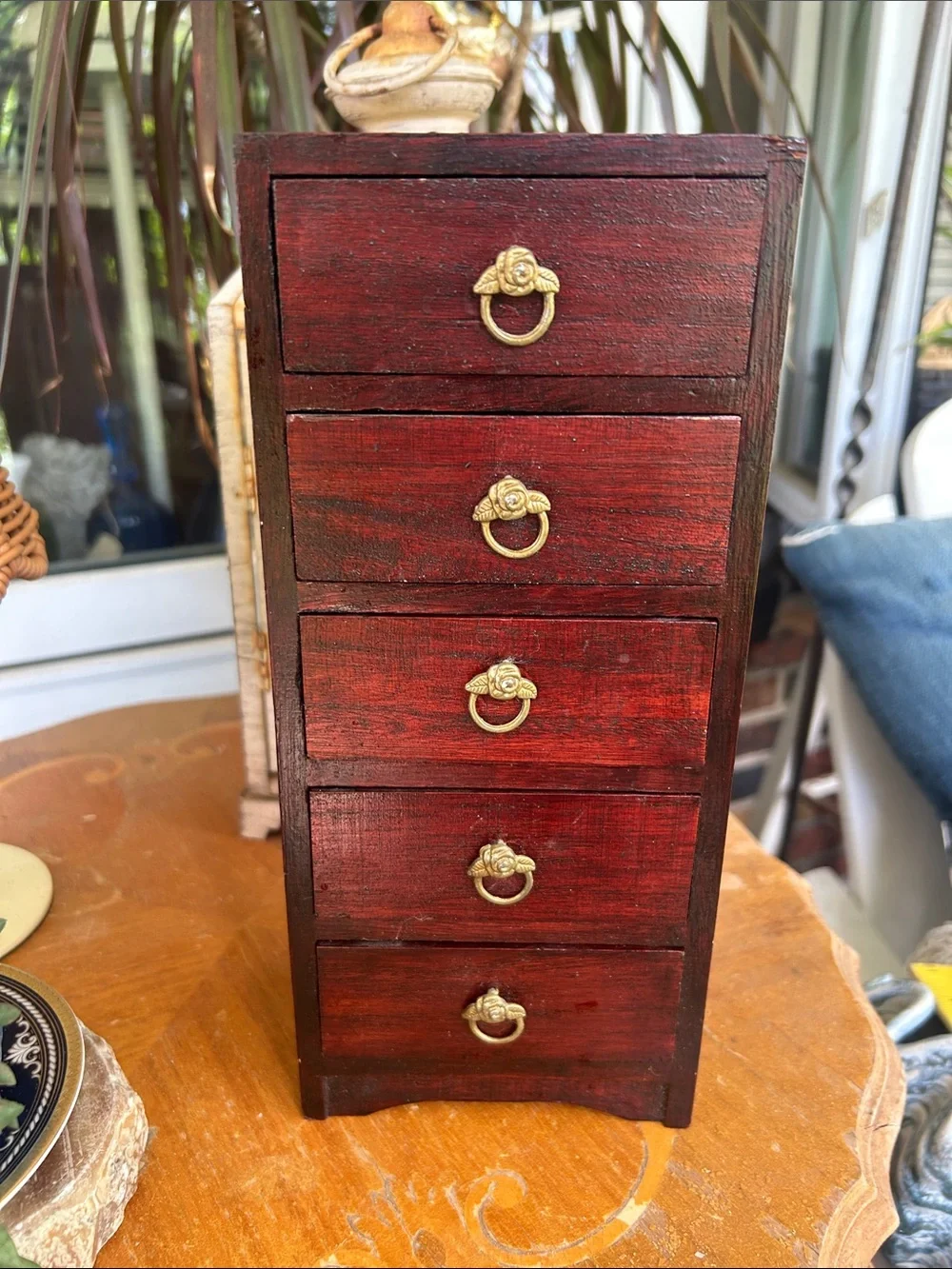 Small Red Wood 5-Drawer Jewelry Organizer